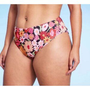 Wild Fable-Women's Ribbed High Waist High Leg Cheeky Bikini Bottom-Black/Pink-XS